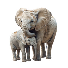 Fototapeta premium Loving Elephant mother and calf isolated on a white transparent background, Big elephant with calf