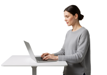 Standing woman using laptop on plane table, casual style, isolated on transparent background, PNG format