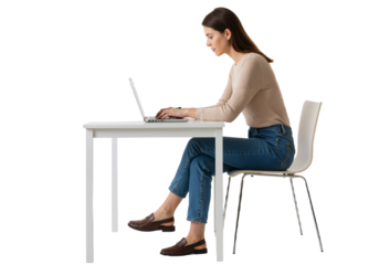Confident woman working from home on laptop, modern desk, and white background, casual professional style, PNG format