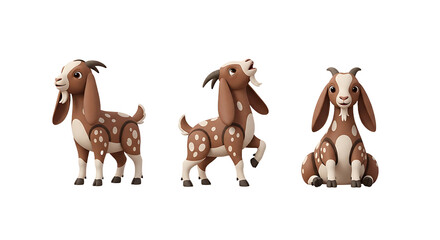Three stylized brown goats with white spots in various poses.