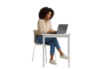 Confident woman working from home on laptop, modern desk, and white background, casual professional style, PNG format