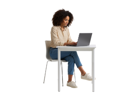 Confident woman working from home on laptop, modern desk, and white background, casual professional style, PNG format