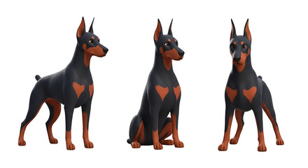 Three Stylized Doberman Pinschers in Different Poses HeartShaped Markings.