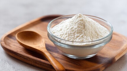 High-quality photo of guar gum powder in glass bowl on wooden board. White powder additive derived from guar beans, used as a food additive E412, binder and excessive water.