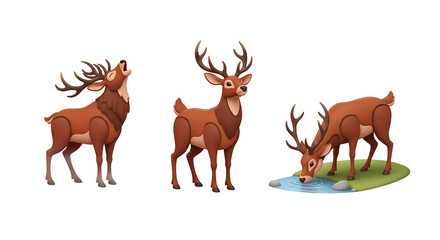 Three stylized deer in various poses including roaring and drinking.