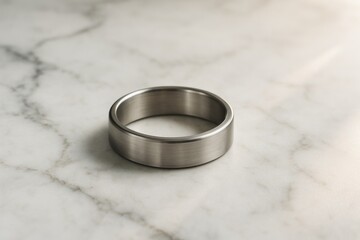 A brushed titanium ring rests on a white marble surface metal jewelry accessory