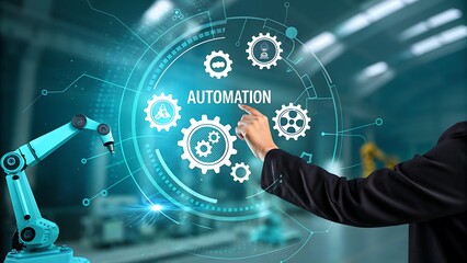 Automated Future: Conceptual Visualization of a Robotic Arm and Human Interaction with Digital Interface for Streamlined Operations.