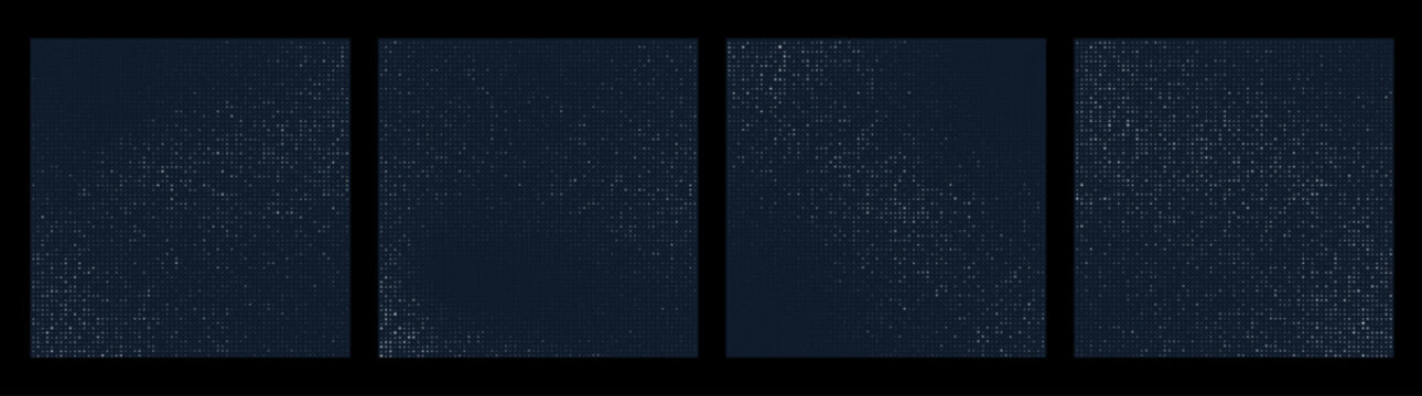 Glowing silver dots glitter overlapping on dark blue background with copy space. Luxury shiny brilliant halftone pattern. Vector design template for festive invitation, Christmas Card, New year banner