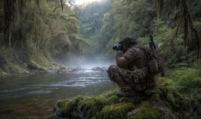 Camouflaged soldier with binoculars observing a misty jungle riverbank with dense foliage and hanging vines