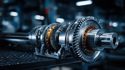 Fototapeta premium High-quality photo of disassembled car automatic transmission gears in workshop. Engineering, mechanical design, auto part service. Tech machine component concept, mechanical.