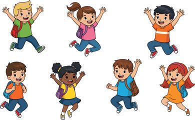 Happy diverse school children jumping with joy, excited for learning, education, and fun adventures, celebrating friendship and childhood, back to school concept