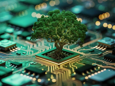 Green tree growing on circuit board technology nature