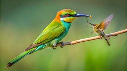 Green bee eater catching dragonfly