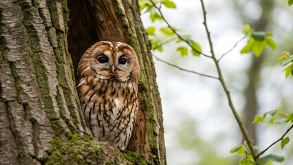 Tawny owl hidden among tree bark