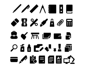 Collection of Black and White Stationery and Office Supply Icons