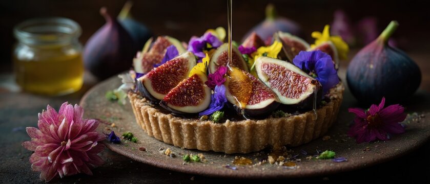 A close up of a rustic fig tart drizzled with honey and garnished with colorful edible flowers on a dark rustic surface with whole figs and a jar of honey in the background