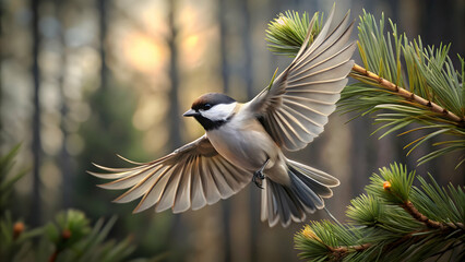 Willow tit flitting between pine needles