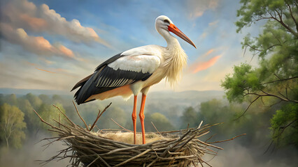 Painted stork nesting in treetop