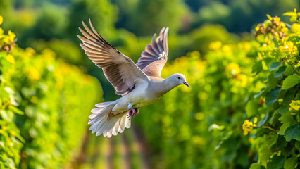 Collared dove flying over vineyard