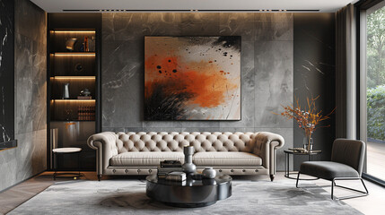 Transitional space featuring a tufted Chesterfield sofa, abstract wall art, and a sleek black metal coffee table.