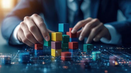 Fototapeta premium Businessman in suit stacking colorful wooden blocks representing growth strategy and progress analysis