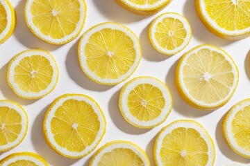 Fototapeta premium A flatlay of lemon slices, various sizes, arranged on a white background, showcasing vibrant yellow hues and subtle shadows