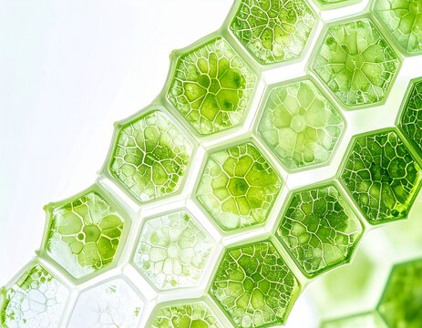Hydrodictyon Reticulatum: Microscopic image of green algae hydrodictyon reticulatum, showcasing its unique honeycomb structure with chloroplasts clearly visible.