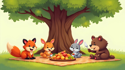 Fototapeta premium A Whimsical Illustration of Anthropomorphic Forest Animals - a Fox, a Bunny, and a Bear - Enjoying a Picnic Under a Large Green Tree.