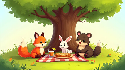 Naklejka premium A Whimsical Illustration of Anthropomorphic Forest Animals - a Fox, a Bunny, and a Bear - Enjoying a Picnic Under a Large Green Tree.