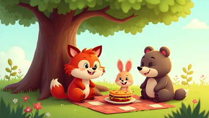 Naklejka premium A Whimsical Illustration of Anthropomorphic Forest Animals - a Fox, a Bunny, and a Bear - Enjoying a Picnic Under a Large Green Tree.