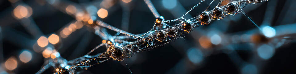 Dew-Covered Spiderweb Strand with Water Droplets