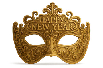 Ornate golden venetian mask featuring celebratory new year text, positioned against transparent backdrop for festive graphic design purposes