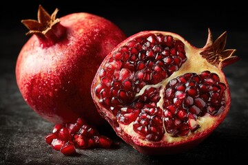 Two pomegranates, one whole, one halved, revealing vibrant red arils; water droplets adorn the skin; dark background