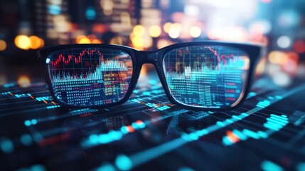 Advanced financial trading glasses with digital stock market graphs and data visualization display