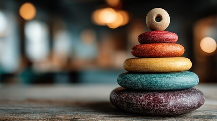 Obraz premium Colorful stacking rings on wooden table