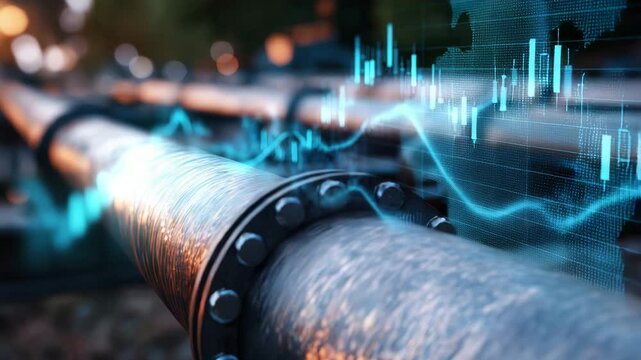 Pipe with a blue and green line on it.macro close-up of oil pipeline with finance graph overlay, editorial tone,oil exploration stocks