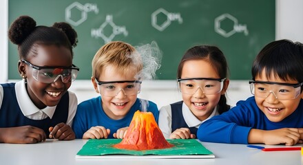 Diverse Children Conduct Volcano Science Experiment in International Classroom