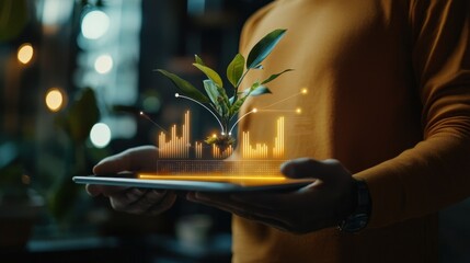 Person using tablet to visualize plant growth and data