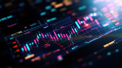 Digital data chart with colorful line graph and candlestick patterns representing financial market analysis timestep