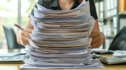 High stack of papers on a desk persons hands working on documents