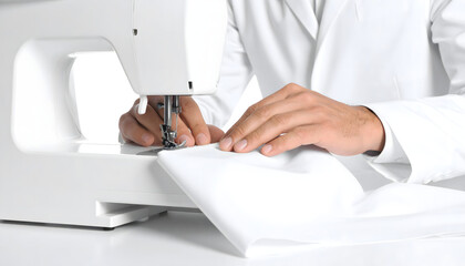 Close-up of a tailor's hands guiding fabric through a sewing machine.