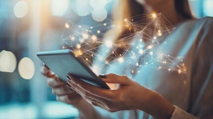 Woman using a tablet with network graphic overlay