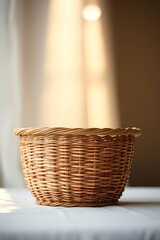 Rustic Wicker Basket Bathed in Soft Light for Natural Home Decor