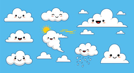 Fototapeta premium Vector art of cute cartoon clouds with faces float in a blue sky