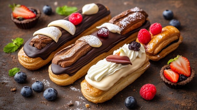 Delicious pastries arranged with berries and chocolate