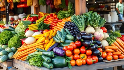 Colorful assortment of fresh vegetables on a wooden stall, showcasing natural abundance.
