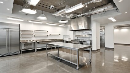 Professional Kitchen Interior with Stainless Steel Appliances, Industrial Table, and Concrete Floor