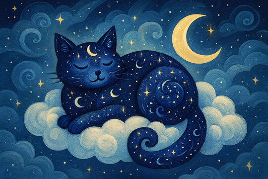 Whimsical surreal cat made of stars and night patterns, curled up on a fluffy cloud with a crescent moon nearby