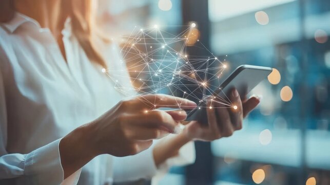 Woman using smartphone with network graphic overlay