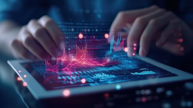 High tech futuristic digital interface with holographic data visualization on tablet screen in dark environment